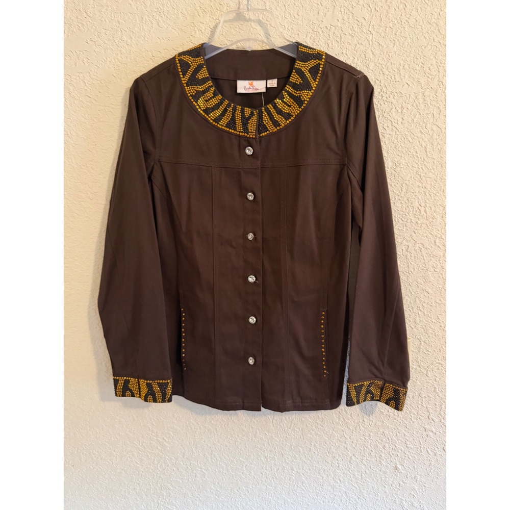 Quacker Factory Brown Rhinestone Embellished Button‎ Front Jacket Womens Size 8